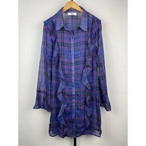 Jack BB Dakota Purple Blue Plaid Sheer Ruffle‎ Button Up Shirt Dress Cover Up M